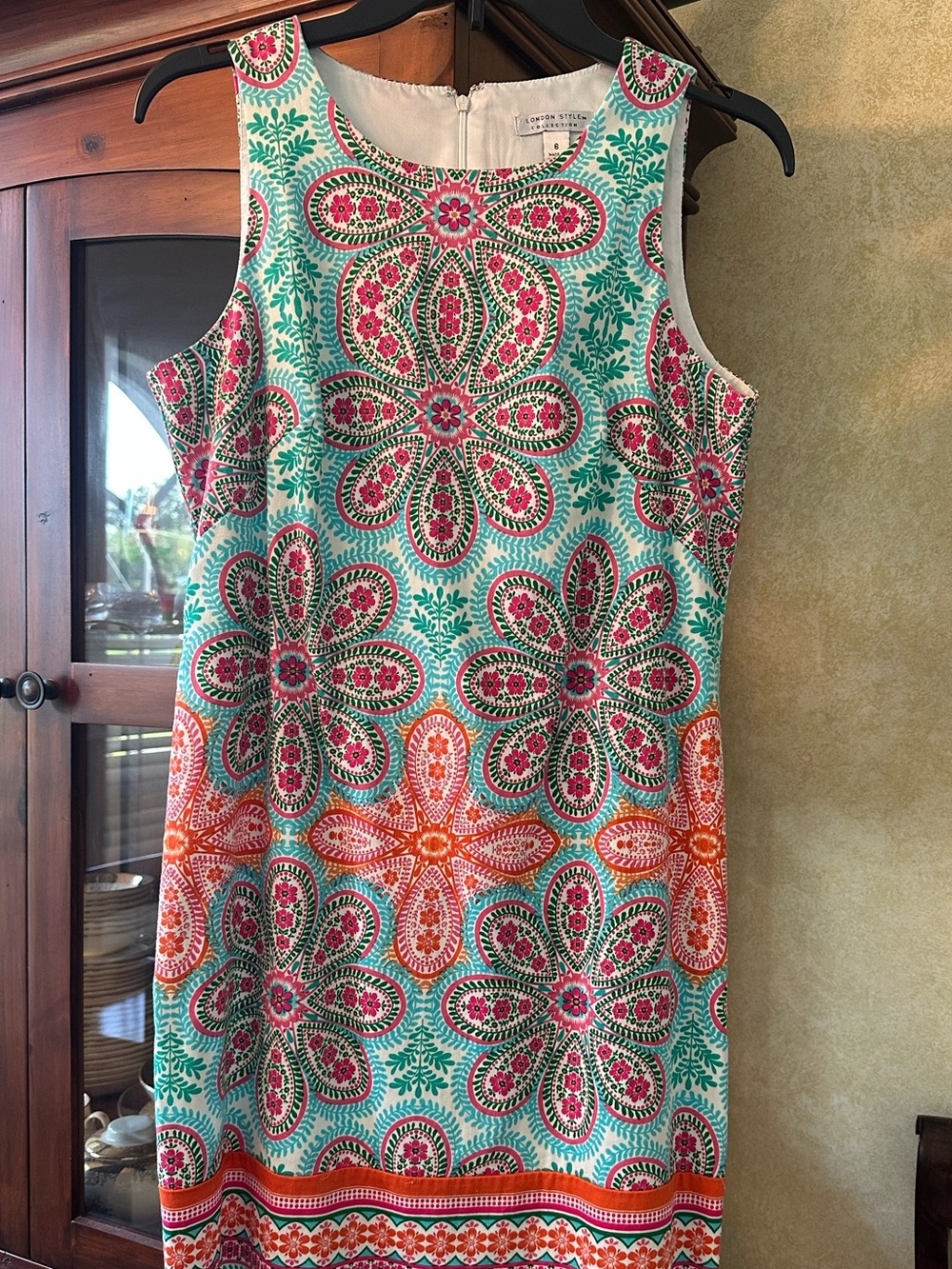 London Style Sleeveless Floral Tile-Print Mini Dress in Teal, Pink Orange Size 6